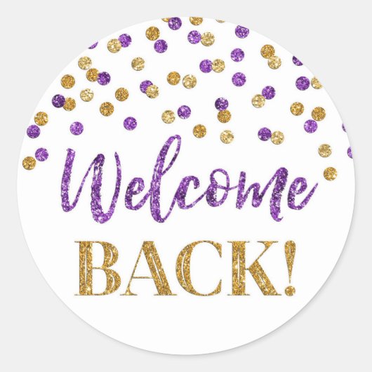 Confetti d'or violet Welcome Back Sticker rond (Devant)