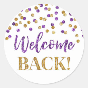 Confetti d'or violet Welcome Back Sticker rond
