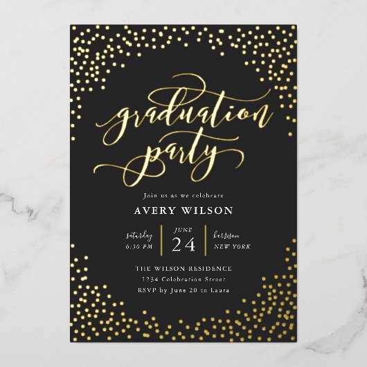 Confetti Elegant Script Graduation Party Folie Inv Folie Uitnodiging (Voorkant)