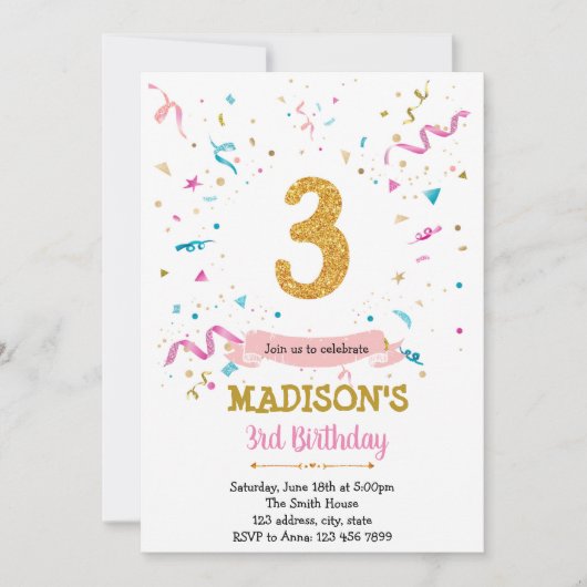 Confetti glitter 3de verjaardag uitnodiging (Voorkant)