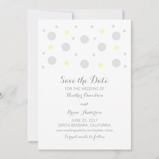 Confetti gris jaune Enregistrer la date Invitation (Devant)