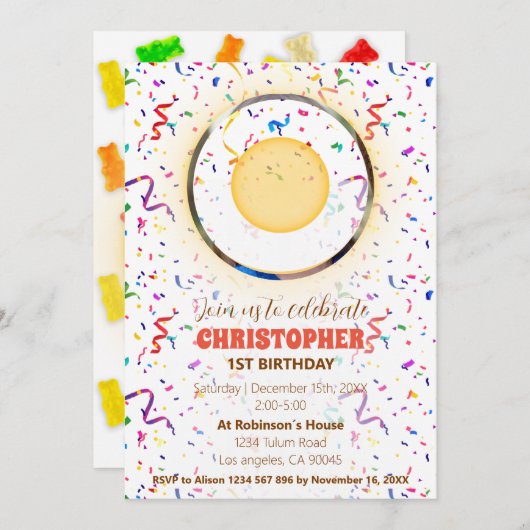 Confetti & Gummies Birthday Uitnodiging (Voorkant / Achterkant)