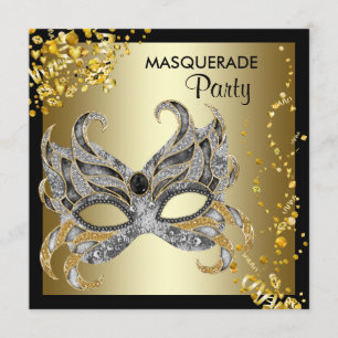Confetti Mask Black Gold Masquerade Party Kaart