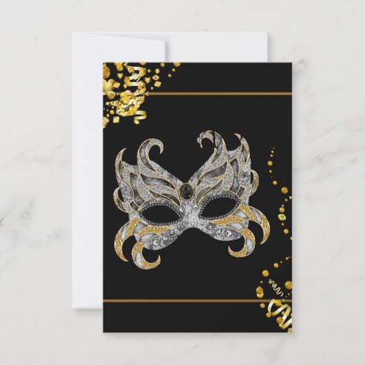 Confetti Masque Black Gold Masquerade Party RSVP (Devant)