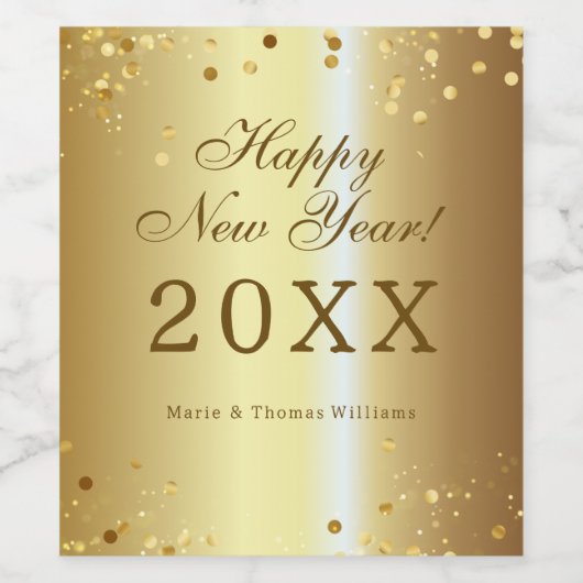 Confetti op een glanzend glam gouden metallic nieu wijn etiket (Enkel label)