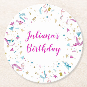 Confetti Party roze en Blue Sparkle Birthday Ronde Kartonnen Onderzetter