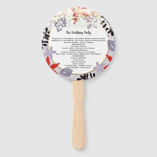 Confetti Red Lavender Lila Floral Wedding Programm Handwaaier (Achterkant)