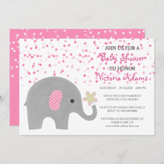 Confetti rose Elephant Baby Girl Douche Invitation (Devant / Derrière)