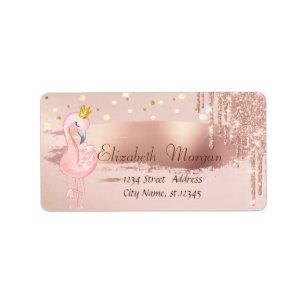 Confetti, Roze Gouden Druppels Flamingo Kroon Etiket