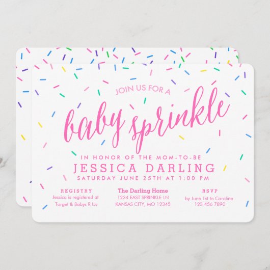 Confetti Sprinkles Baby Sprinkle Invitatie roze Kaart (Voorkant / Achterkant)