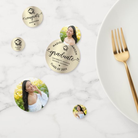 Confettis 3 Graduation Photo Black Gold Modern Script Casque (Groupe)