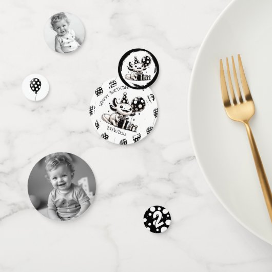 Confettis Axolotl et ballons noirs et blancs Anniversaire (Groupe)