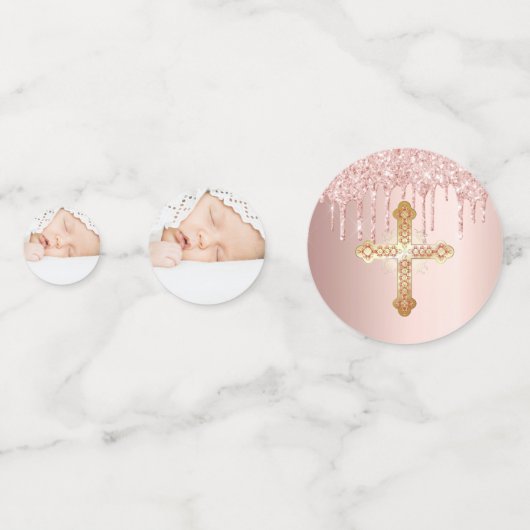 Confettis Baptême blush rose gouttes d'or photo fille (Derrière)