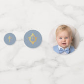 Confettis Baptism Boy Photo Dusty Blue Faux Gold Cross Crest (Derrière)