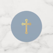 Confettis Baptism Boy Photo Dusty Blue Faux Gold Cross Crest (Petit recto)