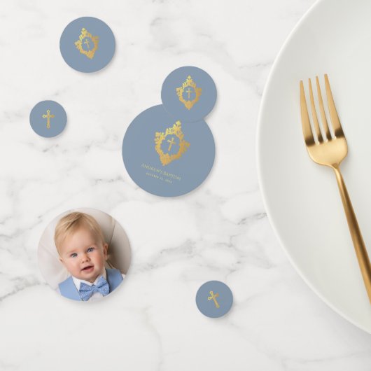 Confettis Baptism Boy Photo Dusty Blue Faux Gold Cross Crest (Groupe)