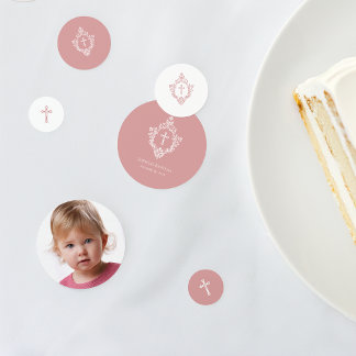 Confettis Baptism Pink Girl Photo Dusty Rose Cross in Crest 