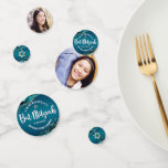 Confettis Bat mitzvah 2 Photo Agate Turquoise Ombre Script<br><div class="desc">Ajoutez un peu de style à votre fête préférée de Bat mitzvah avec ce confetti de table personnalisable ! La typographie en écriture blanche et Star of David superposent un turquoise bleu foncé et turquoise foncé arrière - plan avec des roches d'agate bleu turquoise accentuées de veines faux or sur...</div>