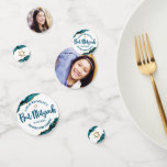 Confettis Bat mitzvah 2 Photo Turquoise Agate Gold Script<br><div class="desc">Ajoutez un peu de style à votre fête préférée de Bat mitzvah avec ce confetti de table personnalisable ! Une typographie en écriture bleu turquoise profonde et une fausse étoile dorée de David superposent un arrière - plan blanc et propre avec des roches d'agate bleu turquoise accentuées de veines faux...</div>