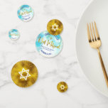 Confettis Bat mitzvah Gold Foil Script Turquoise Aquarelle<br><div class="desc">Ajoutez un peu de style à votre fête préférée de Bat mitzvah avec ce confetti de table personnalisable ! Étonnant, moderne, brillant d'or faux script manuscrit, Star of David et de petits points contre un arrière - plan d'aquarelle bleu turquoise d'un côté mélange avec une étoile blanche de David sur...</div>