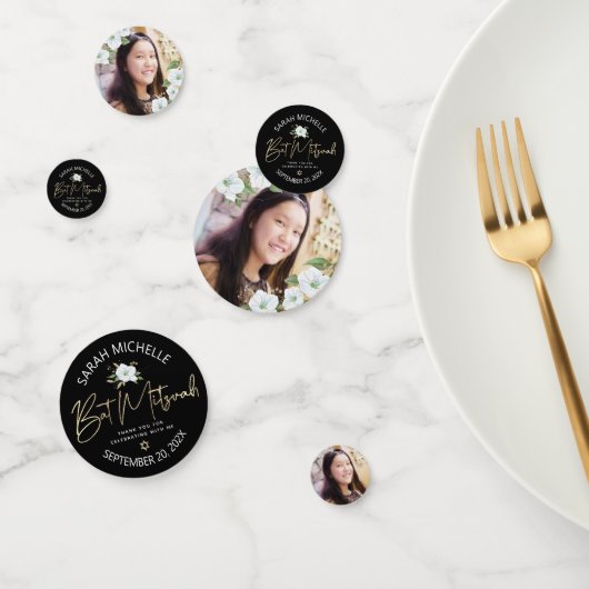 Confettis Bat mitzvah Photo Black Gold Script élégant Floral (Groupe)