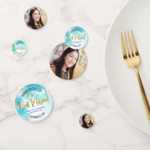 Confettis Bat mitzvah Photo Gold Script Turquoise Aquarelle
