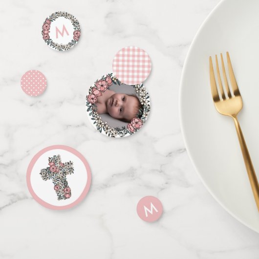 Confettis Belle croix de cadre rose floral Photo Baptême (Groupe)