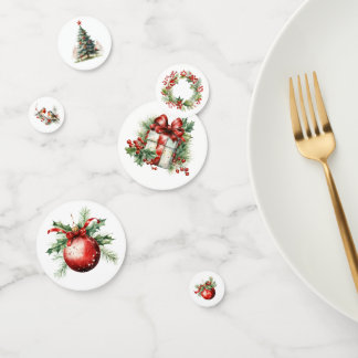 Confettis Cadeau de Noël vintage, Couronne et Ornement Rouge