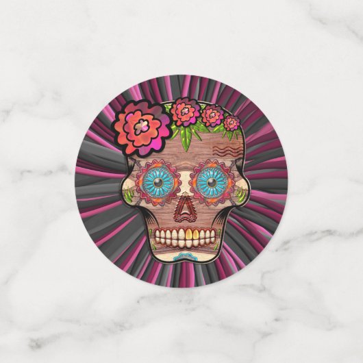 Confettis Crâne de sucre en bois sculpté avec couronne fleur (Petit recto)