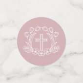 Confettis Croix florale simple sur table de baptême rose (Petit recto)