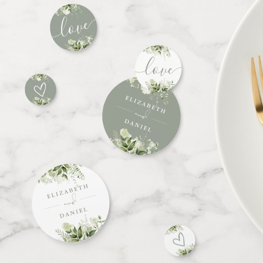 Confettis Élégance Florale de Mariage Vert Sauge