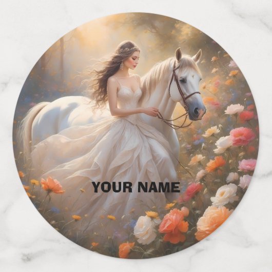 Confettis Épouse & Cheval blanc Stallion debout dans une pra (Grand verso)