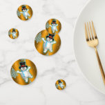 Confettis Festif Dancing Snowman sur Gold Christmas<br><div class="desc">Ce mignon confetti de Noël pour la table a un mignon petit bonhomme de neige heureux et dansant sur un arrière - plan doré brillant. Il est habillé d'un chapeau haut formel avec une minuscule petite branche de saint cachée dedans, et porte une longue écharpe. Tout autour de lui, il...</div>