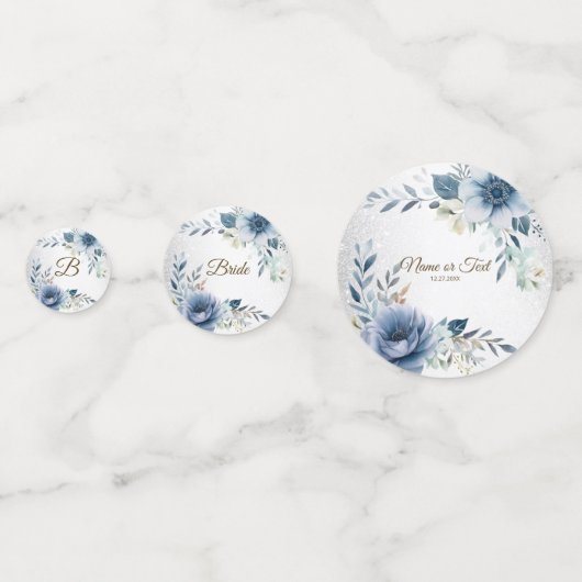 Confettis Fleurs aquarelles bleu poussiéreux argent élégant (Devant)