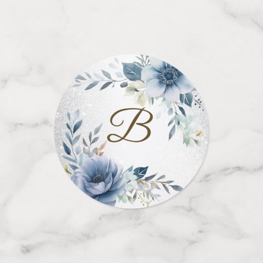 Confettis Fleurs aquarelles bleu poussiéreux argent élégant  (Petit recto)