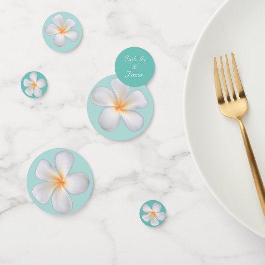 Confettis Fleurs Frangipani Plumeria blanches sur Turquoise (Groupe)