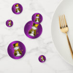 Confettis Golden Snowman Purple Christmas<br><div class="desc">Un ensemble festif de confettis bonhomme de neige de Noël pour ajouter une touche colorée et joyeuse à votre table de Noël en cette période de fêtes. Ce confetti de Noël est orné d'un petit bonhomme de neige vêtu d'un gilet de velours doré et d'un chapeau de dessus, entouré d'étoiles...</div>