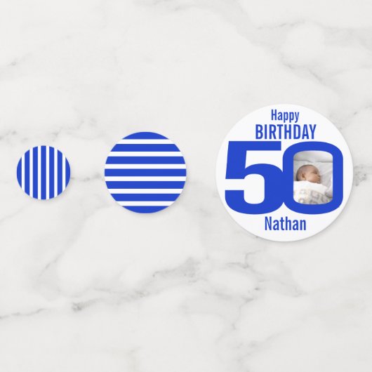 Confettis Joyeux anniversaire 50ème nom photo bleu blanc (Derrière)