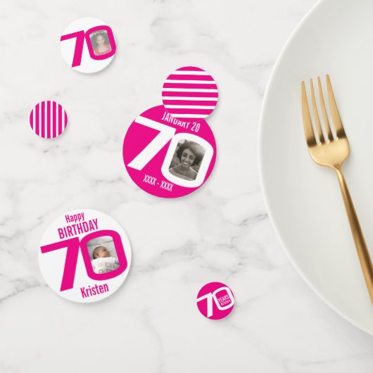 Confettis Joyeux anniversaire 70ème nom photo rose blanc (Groupe)
