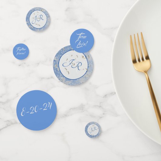 Confettis Marbre Bleu et Gris Élégant Monogrammé (Groupe)