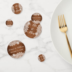Confettis Mariage en bois rustique et dentelle blanche