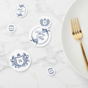 Confettis Mariage Noms Monogramme Crête Vintage Bleu