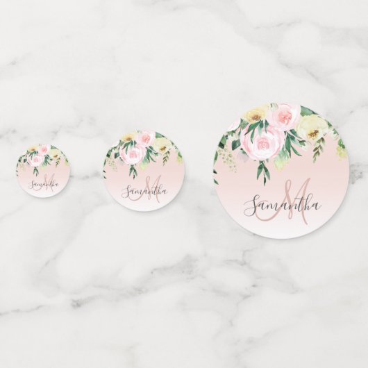 Confettis Moderne Pastel Rose & Fleurs Avec Nom (Devant)