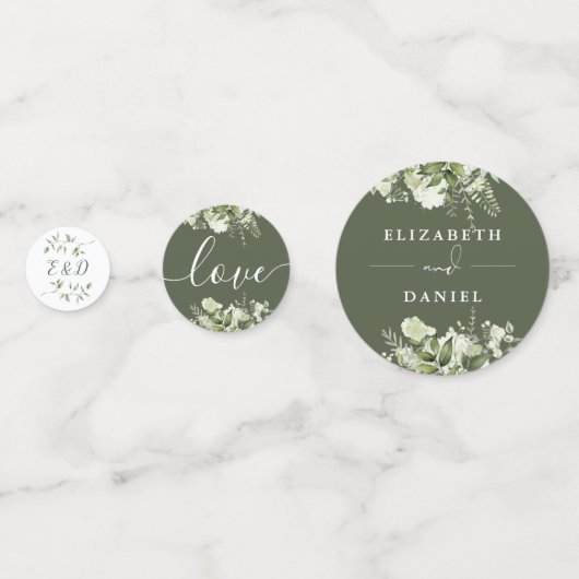 Confettis Monogramme floral de verdure mariage vert olive (Devant)