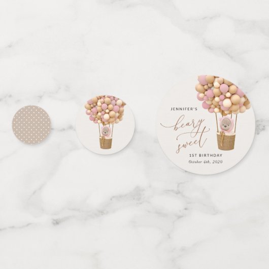 Confettis Ours mignon, Ballons roses, Premier Anniversaire (Derrière)