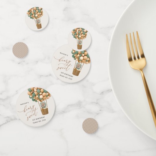 Confettis Ours mignon, Ballons verts, Premier anniversaire (Groupe)