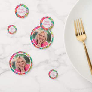 Confettis Photo d'anniversaire orange et floral rose vif