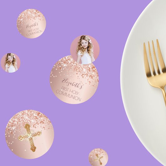 Confettis Première sainte communion rose photo d'or
