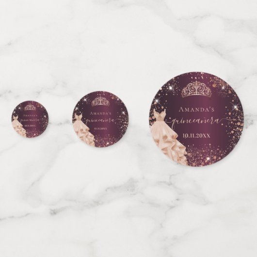 Confettis Quinceanera bordeaux rose or tiara robe photo (Derrière)