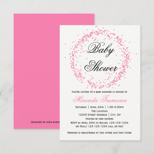 Confettis roses - invitation du baby shower 3x5 (Devant / Derrière)